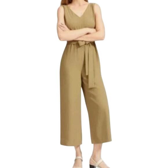 Everlane Japanese GoWeave Essential Cropped Olive Green Wide Leg Jumpsuit size 6 - Picture 1 of 14